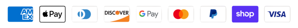 Accepted payment methods icons: Amex, Apple Pay, Discover, GPay, MasterCard, PayPal, Shop, Visa.