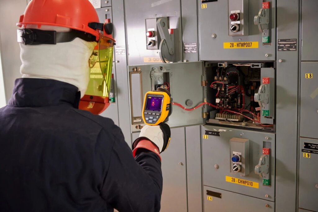 Technician using infrared camera on electrical panel