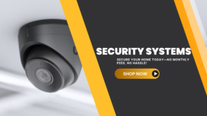 Home security camera advertisement with shop now button.
