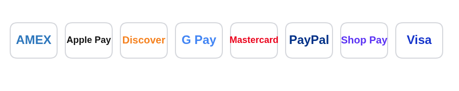 Accepted payment methods icons: Amex, Apple Pay, Discover, GPay, MasterCard, PayPal, Shop Pay, Visa.