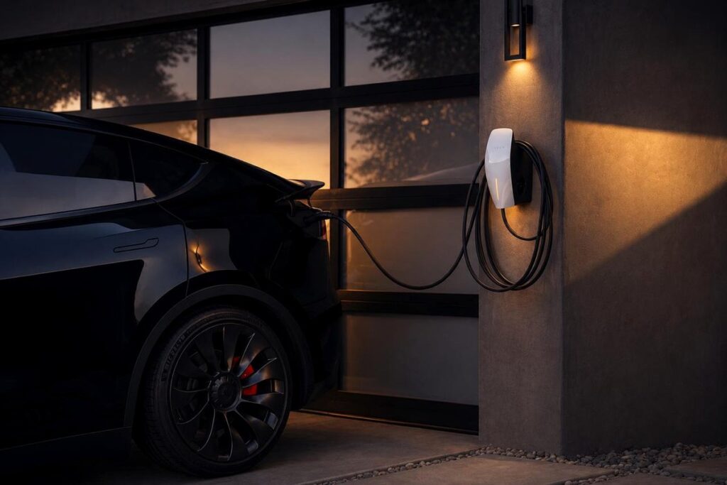 Level 2 EV charger installed beside an electric vehicle in a residential garage.